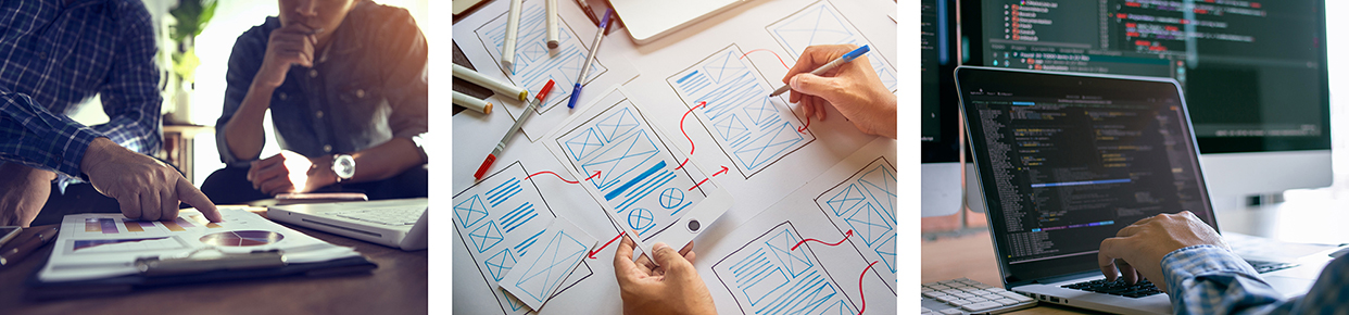 Mitarbeiter analysieren gemeinsam und programmieren Anwendung